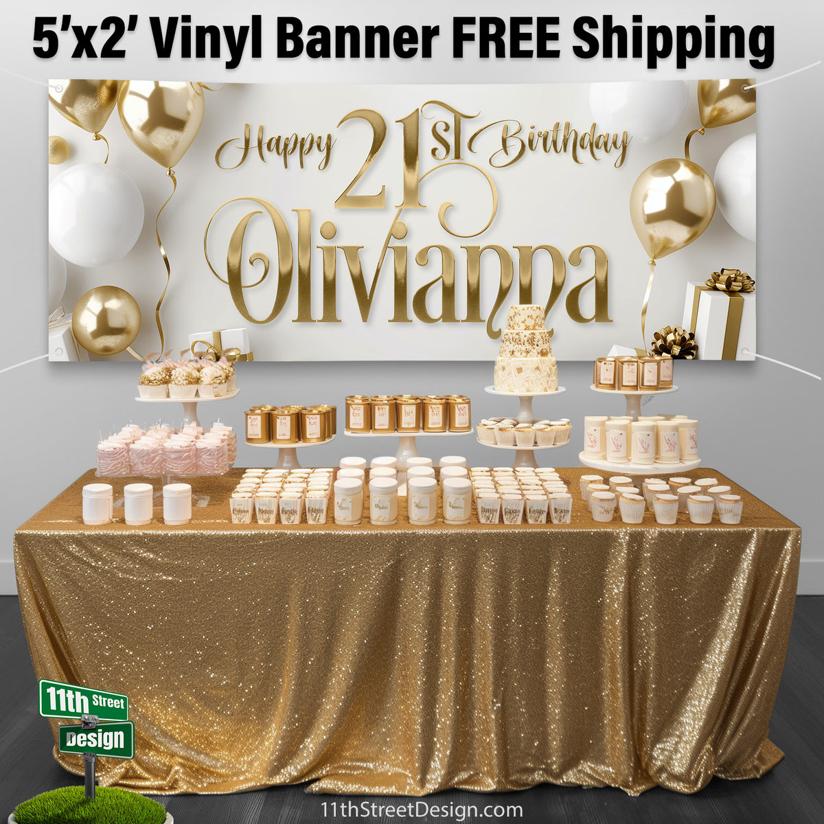 Custom White &amp; Gold Birthday Party Banner