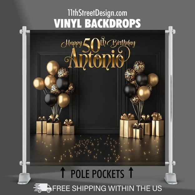 Custom Black &amp; Gold Birthday Backdrop