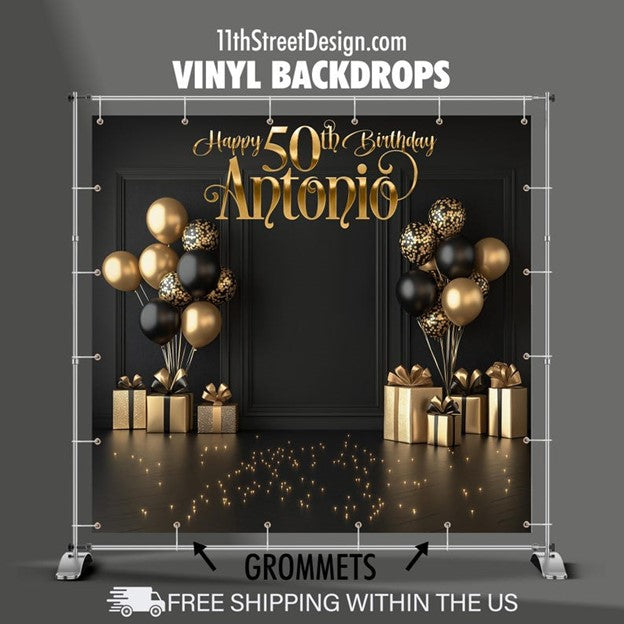 Custom Black &amp; Gold Birthday Backdrop