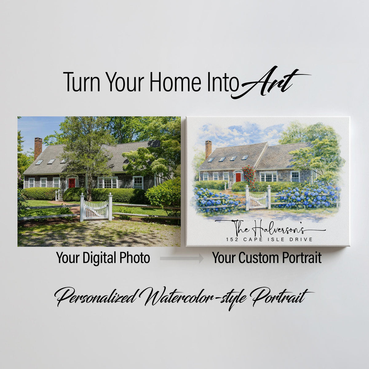 Custom Watercolor Home Portrait Canvas