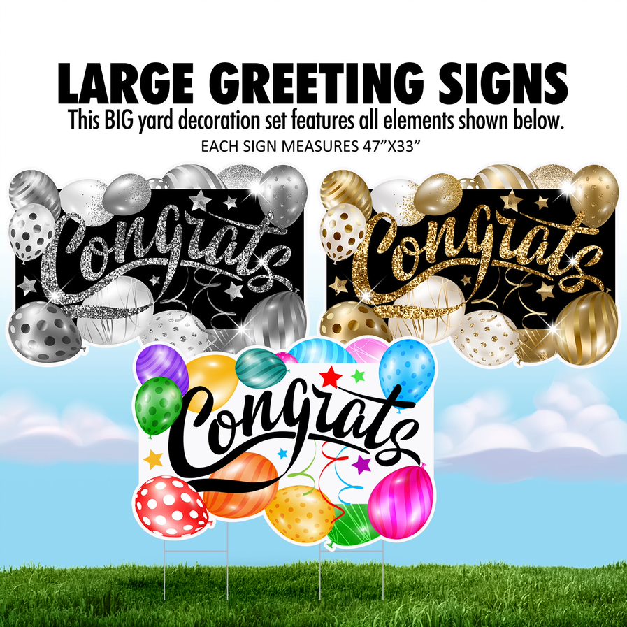 Congrats Large Greeting Signs - Balloons Gold Silver Multi Color