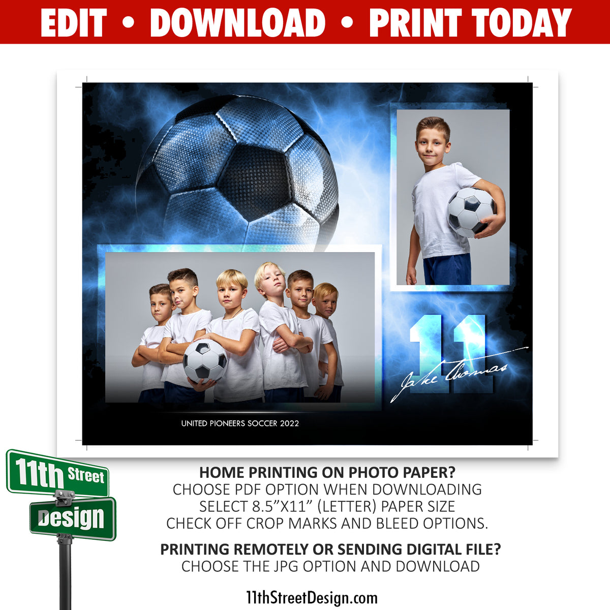 Soccer Memory Mates • Online Editable 8x10 Sport Team Photo Template • Print Today • Digital Download • DIY Printable • Electric Explosion