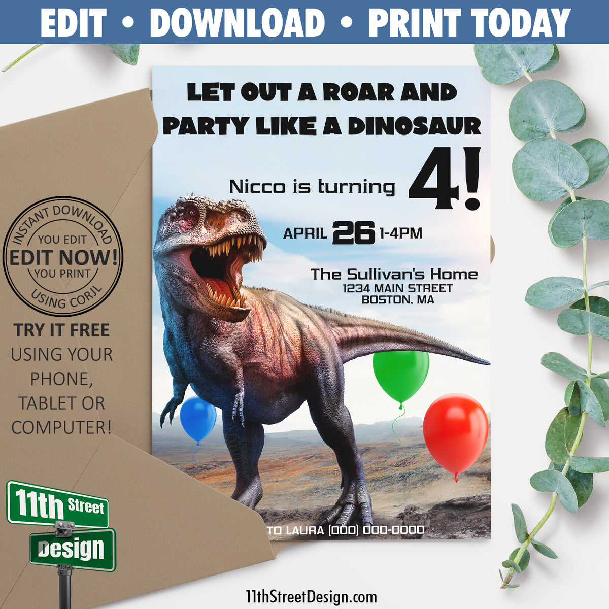 Print At Home Party, Printable Party, Instant Download, Editable Invitation, Invitation Template, Birthday Invitation, Girl/Boy Birthday Party, T-Rex Dinosaur Party, Dinosaur Printable, Jurassic Birthday, Dinosaur Invitation, Dino Party Invite, Dinosaur Favors,