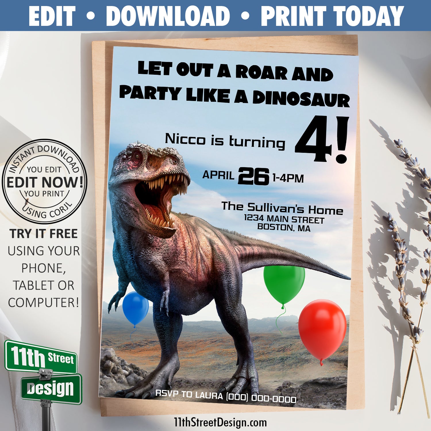 Printable Boy's Birthday Invitation Dinosaur Theme Digital File Invite