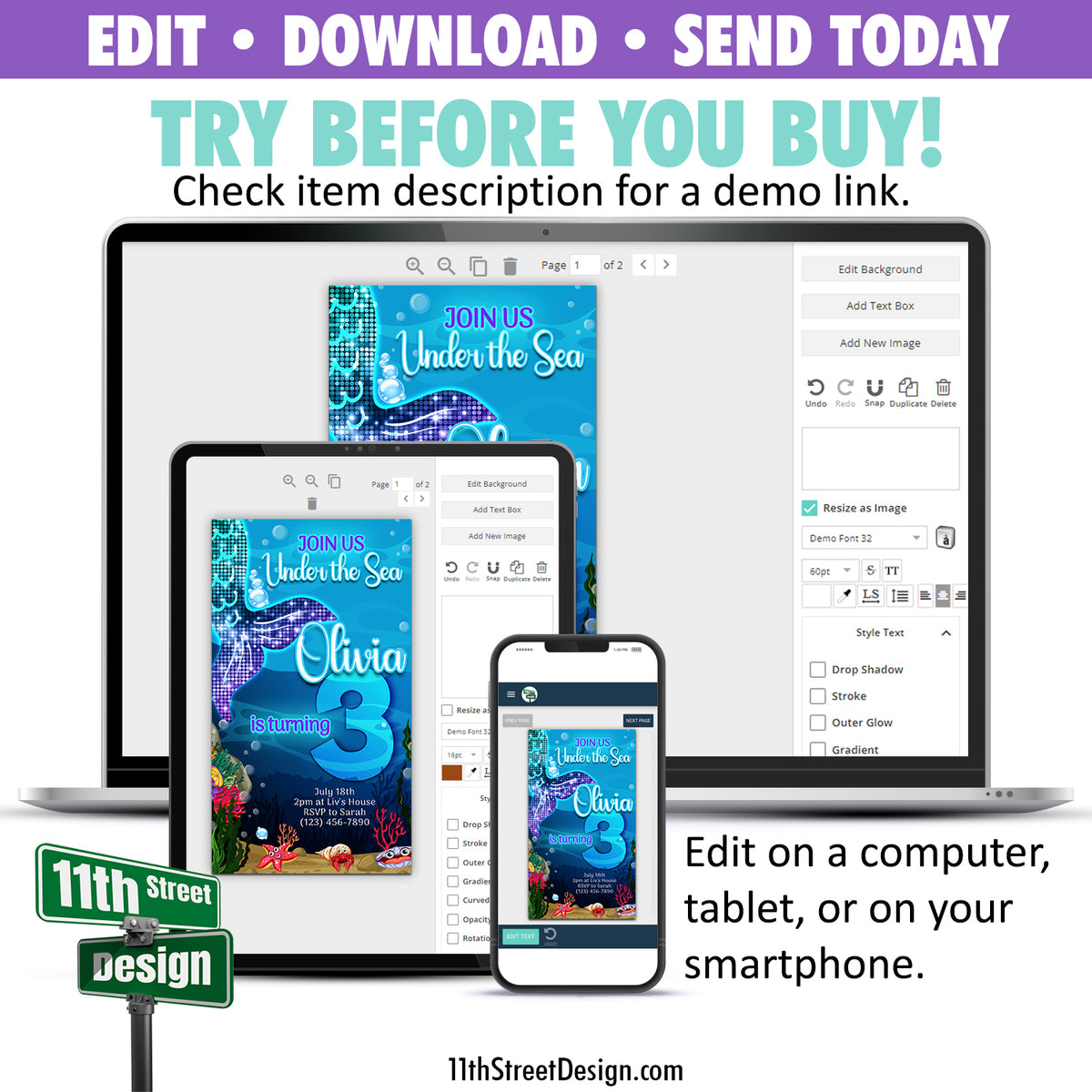 EDITABLE Mermaid Birthday Text Invites, E-vite Digital Birthday Invitation 0002