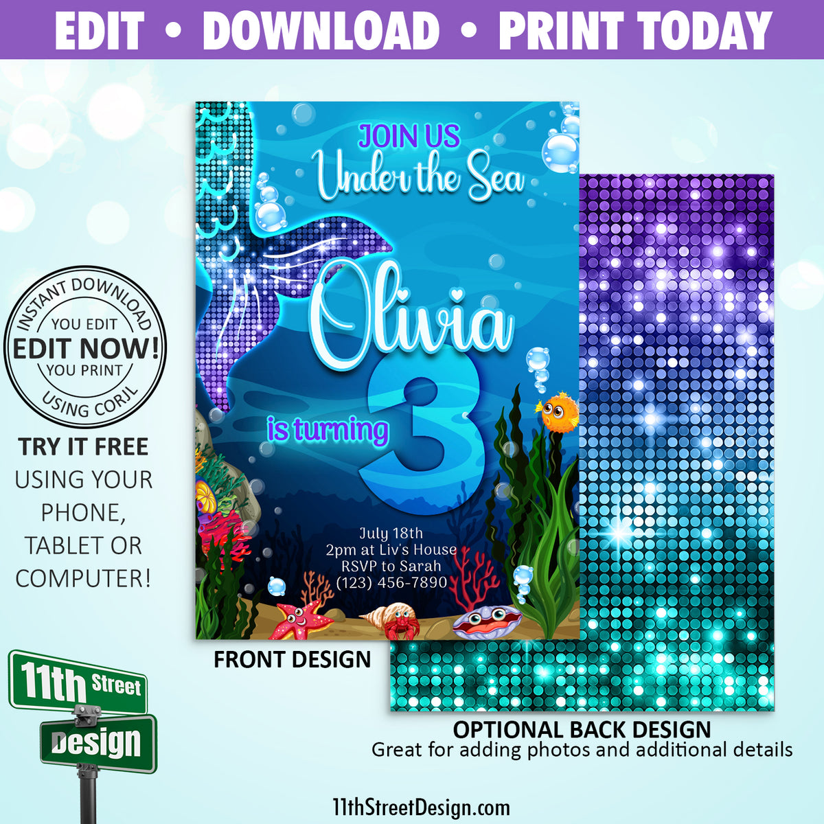 Editable Mermaid Birthday Party Invitation, Instant Digital Download, You Edit &amp; Print This Corjl Printable Invitation Template Online 0002