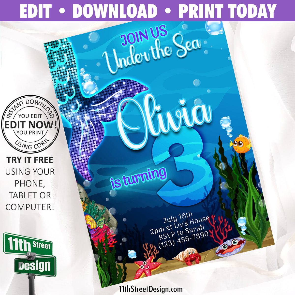 Editable Mermaid Birthday Party Invitation, Instant Digital Download, You Edit &amp; Print This Corjl Printable Invitation Template Online 0002