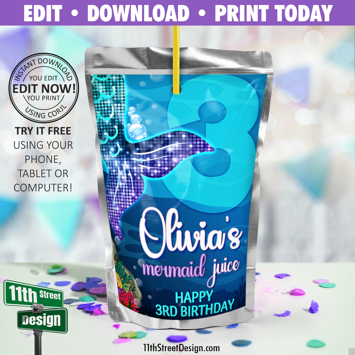 EDITABLE Mermaid Capri Sun Juice Pouch Labels, Under The Sea Juice Bag, 1st First Birthday Girl Theme, You Edit &amp; Print, Download Now 0002