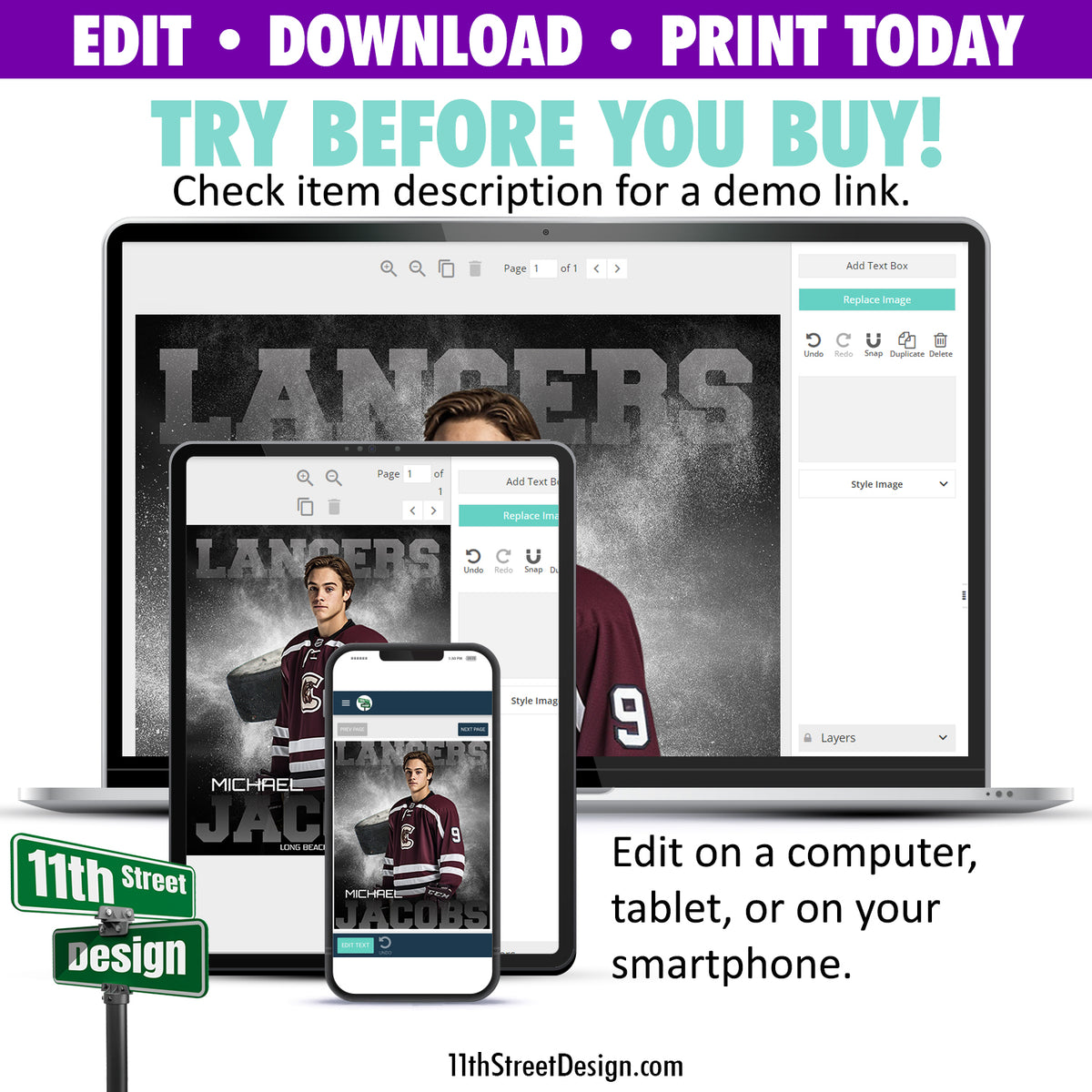Sports Poster Powder Explosion Hockey Template • Edit Now Online • Print Today • Digital Download • Custom Sports Photos • Senior Day Night Poster