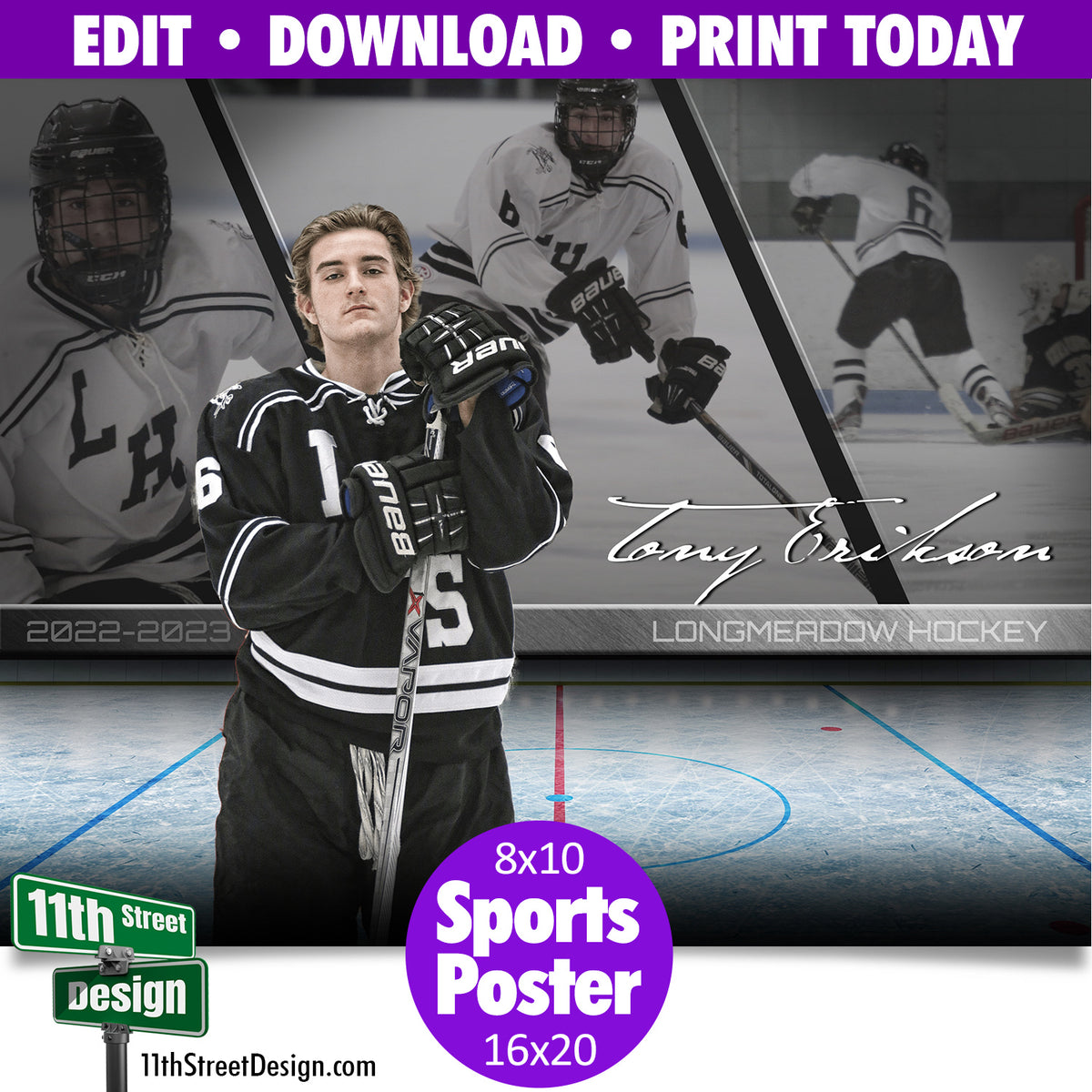 Sports Poster Faded Triptych Hockey Template • Edit Now Online • Print Today • Digital Download • Custom Sports Photos • Senior Day Night Poster