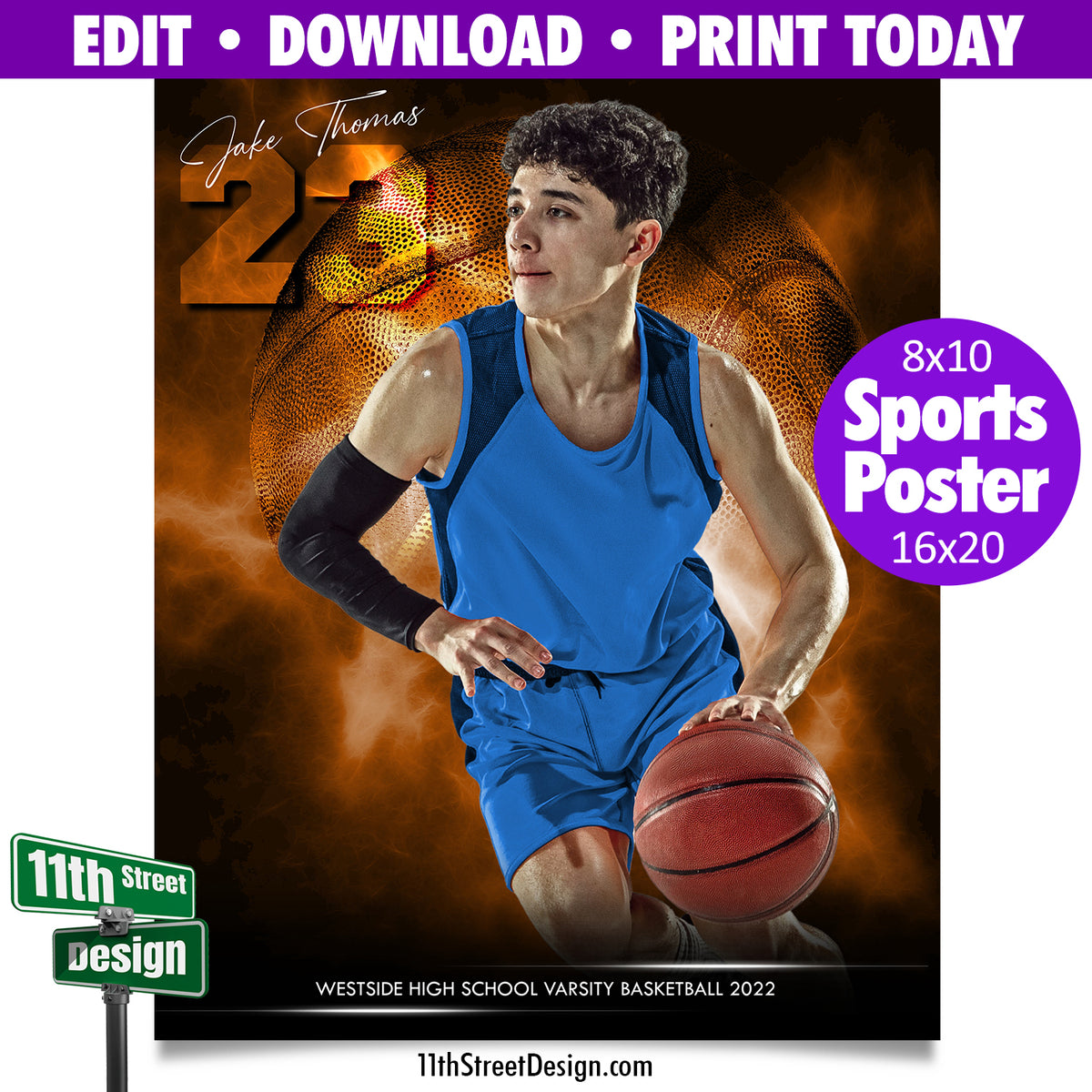 Basketball Poster • Edit Now Online • Print Today • Digital Download • Custom Sports Photos • Senior Day Night Poster • Electric Explosion Basketball Template