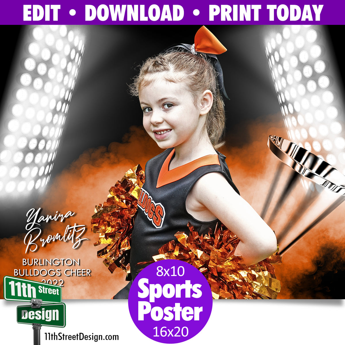 Sports Poster • Edit Now Online • Print Today • Digital Download • Custom Sports Photos • Senior Day Night Poster • Smokey Lights Cheer Template
