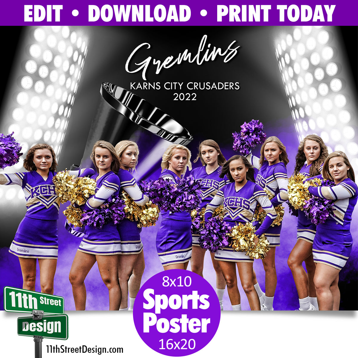 Sports Poster • Edit Now Online • Print Today • Digital Download • Custom Sports Photos • Senior Day Night Poster • Smokey Lights Cheer Template