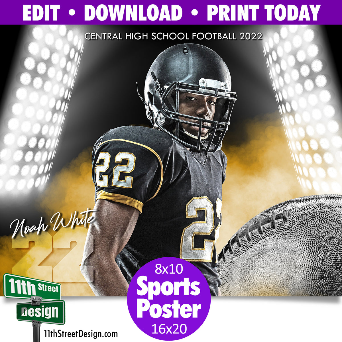 Sports Poster • Edit Now Online • Print Today • Digital Download • Custom Sports Photo • Senior Day Night Poster • Smokey Lights Football Template
