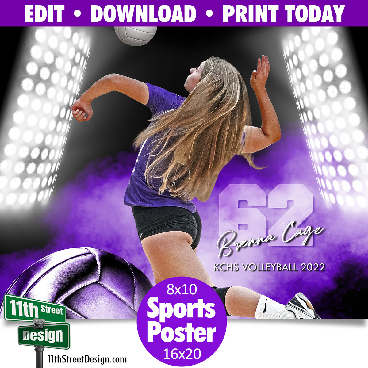 Sports Poster • Edit Now Online • Print Today • Digital Download • Custom Sports Photos • Senior Day Night Poster • Smokey Lights Volleyball Template