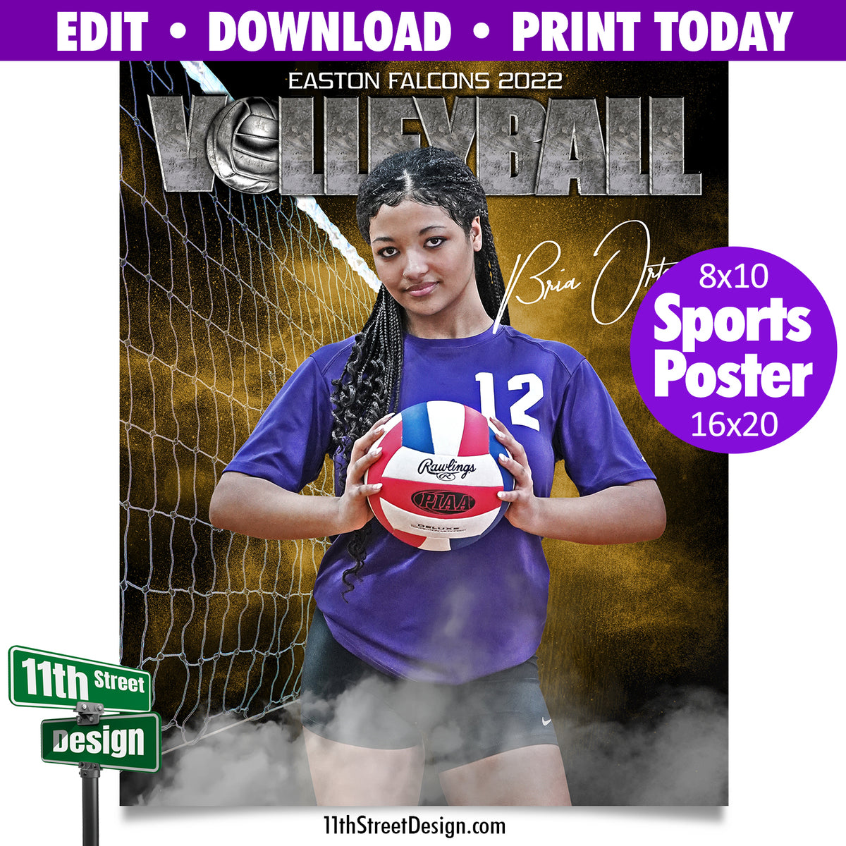 Sports Poster • Edit Now Online • Print Today • Digital Download • Custom Sports Photos • Senior Day Night Poster • Rocked Volleyball Template