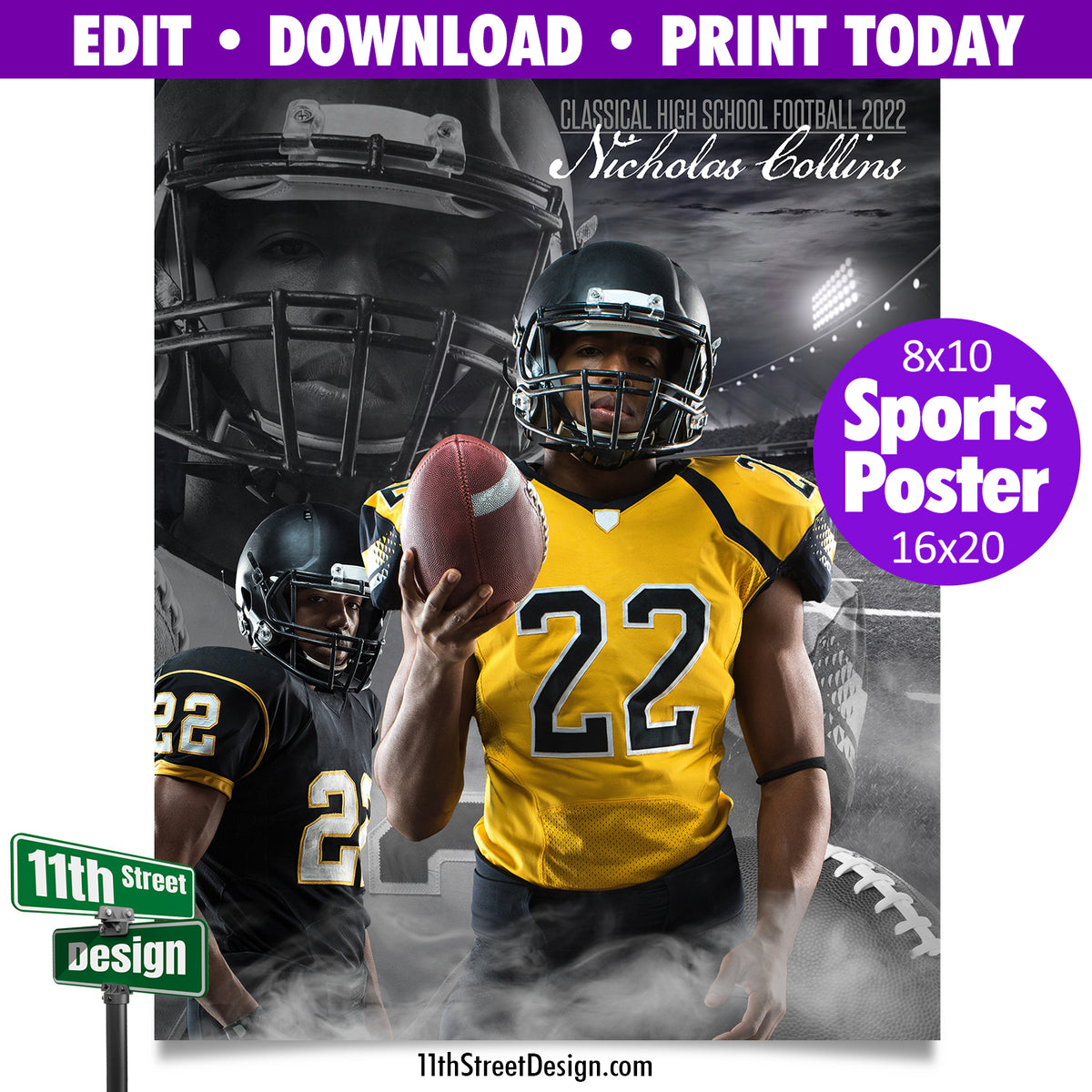 Sports Poster • Edit Now Online • Print Today • Digital Download • Custom Sports Photos • Senior Day Night Poster • Dream Weaver Football Template