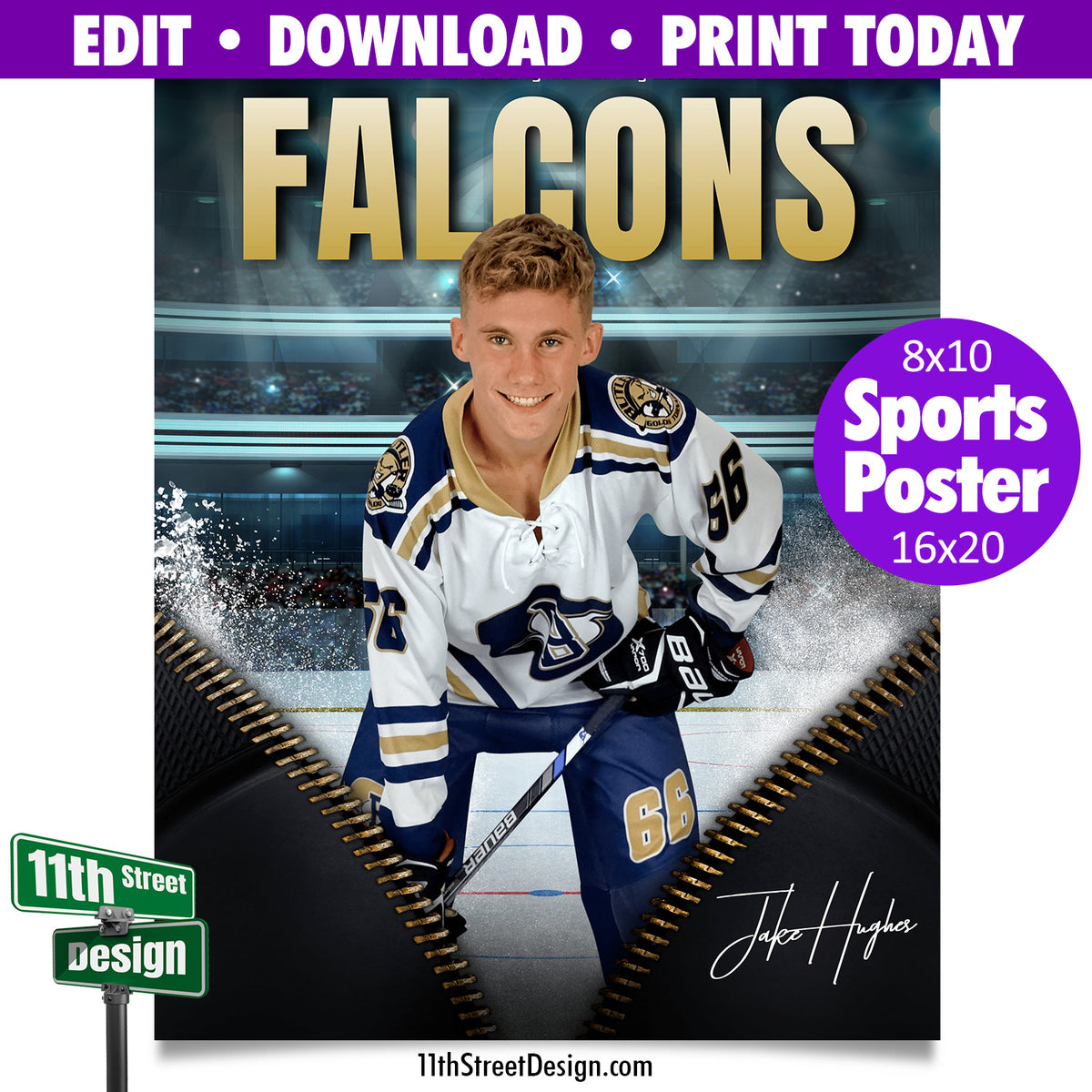Sports Poster Unzipped Hockey Template • Edit Now Online • Print Today • Digital Download • Custom Sports Photos • Senior Day Night Poster