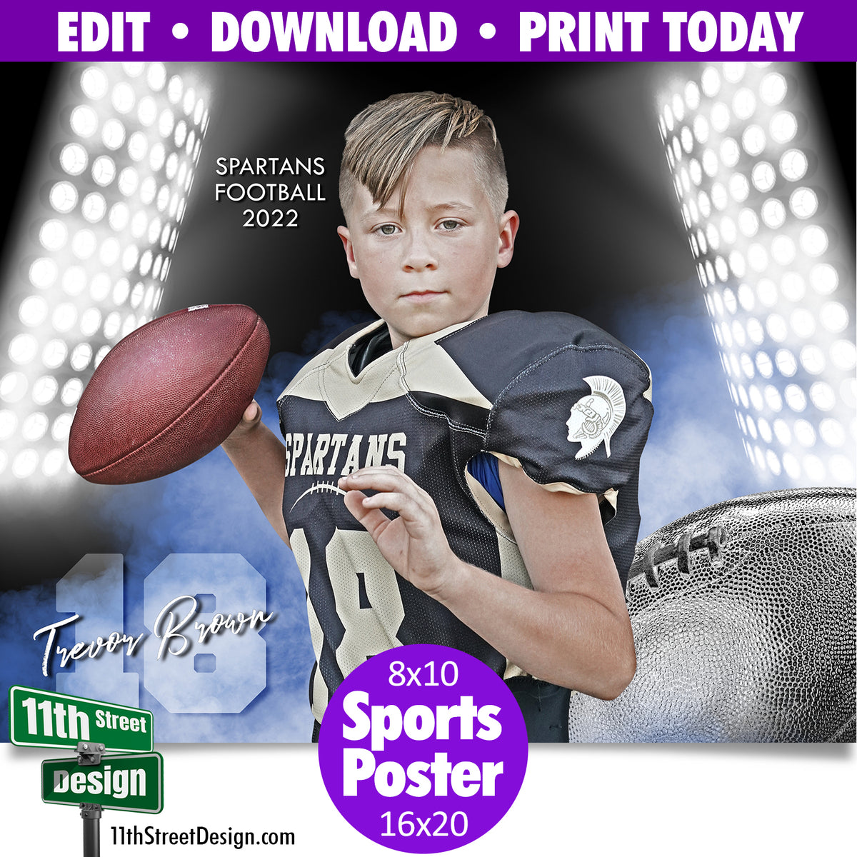 Sports Poster • Edit Now Online • Print Today • Digital Download • Custom Sports Photo • Senior Day Night Poster • Smokey Lights Football Template