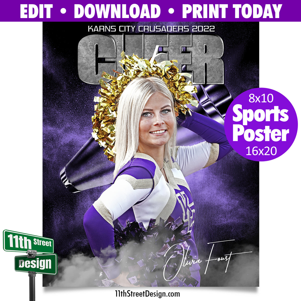 Sports Poster • Edit Now Online • Print Today • Digital Download • Custom Sports Photos • Senior Day Night Poster • Rocked Cheer Template