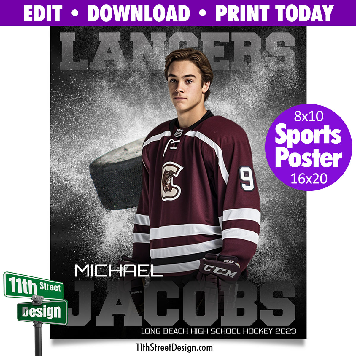 Sports Poster Powder Explosion Hockey Template • Edit Now Online • Print Today • Digital Download • Custom Sports Photos • Senior Day Night Poster