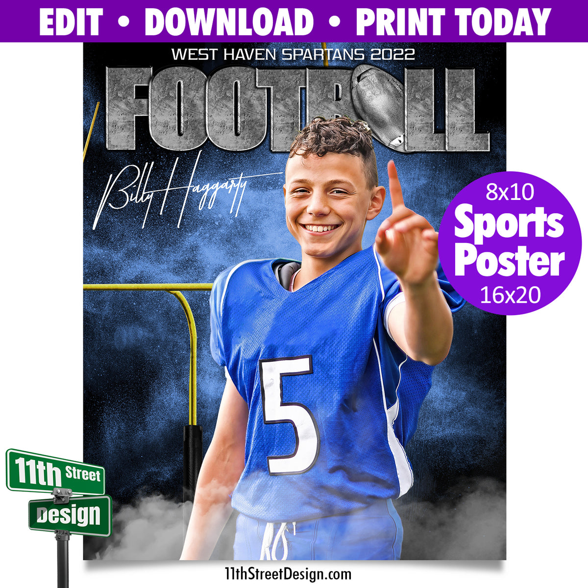 Sports Poster • Edit Now Online • Print Today • Digital Download • Custom Sports Photos • Senior Day Night Poster • Rocked Football Template