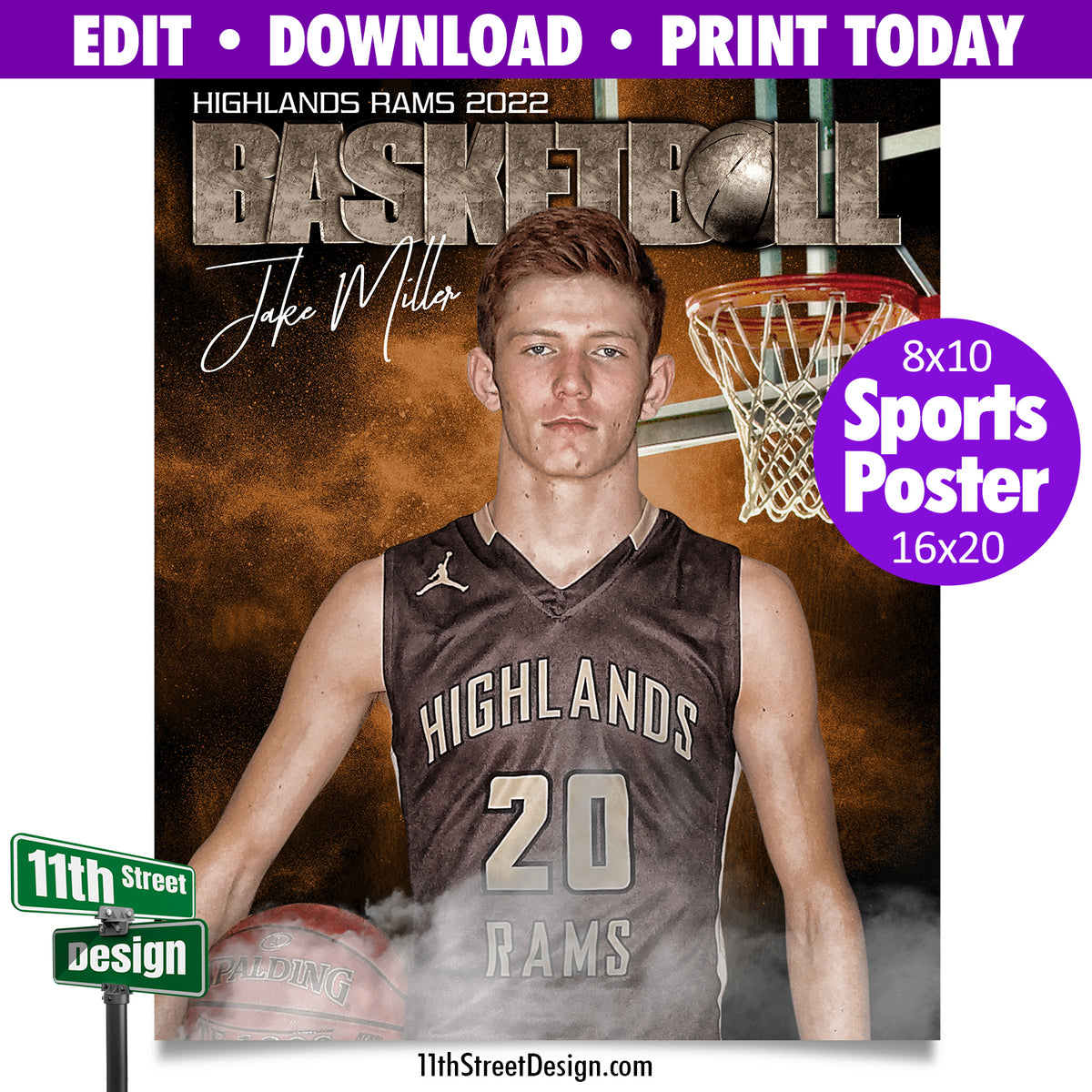 Sports Poster • Edit Now Online • Print Today • Digital Download • Custom Sports Photos • Senior Day Night Poster • Rocked Basketball Template