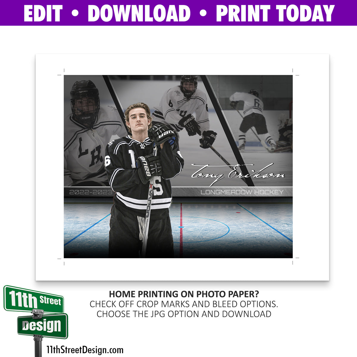 Sports Poster Faded Triptych Hockey Template • Edit Now Online • Print Today • Digital Download • Custom Sports Photos • Senior Day Night Poster