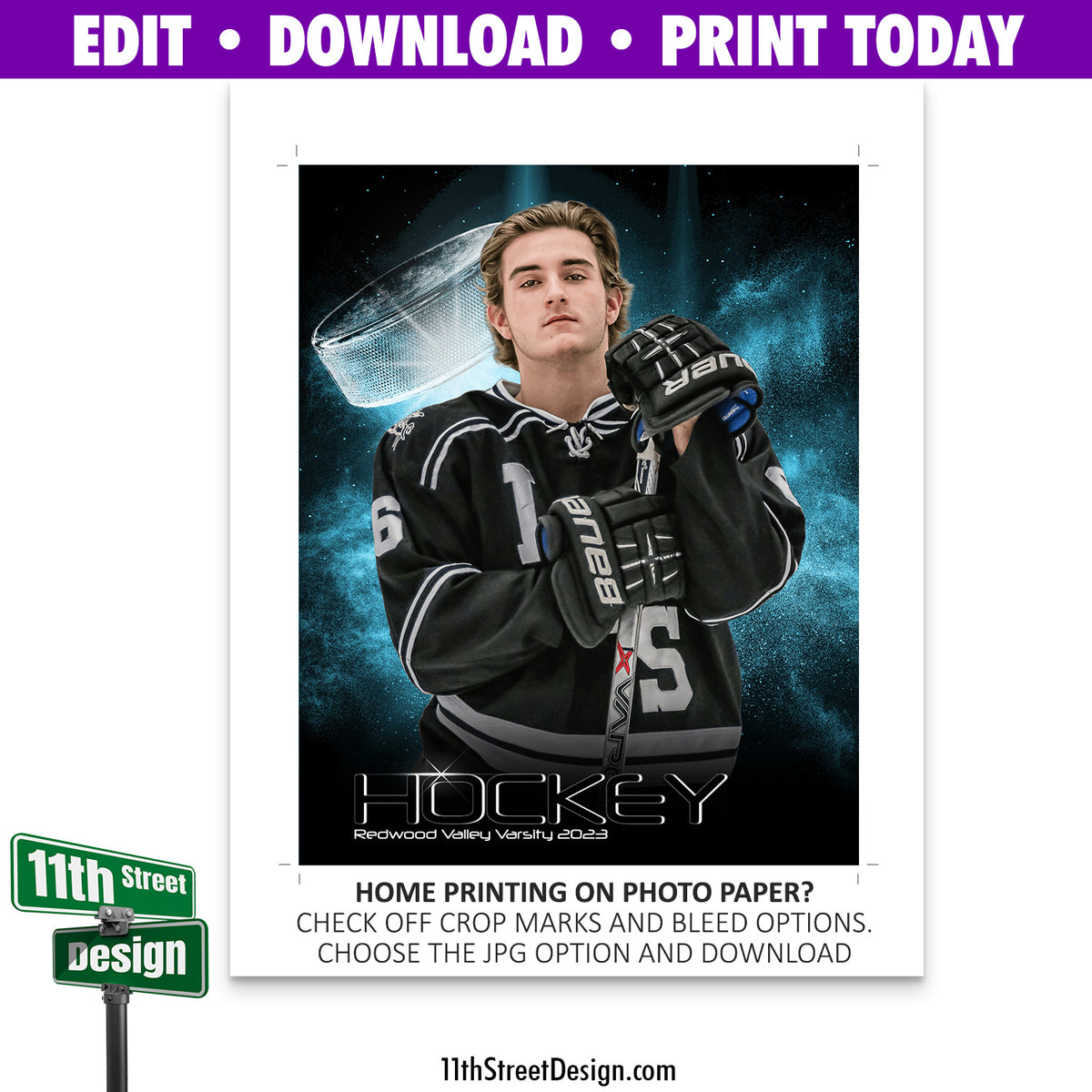 Sports Poster Platinum Burst Hockey Template • Edit Now Online • Print Today • Digital Download • Custom Sports Photos • Senior Day Night Poster