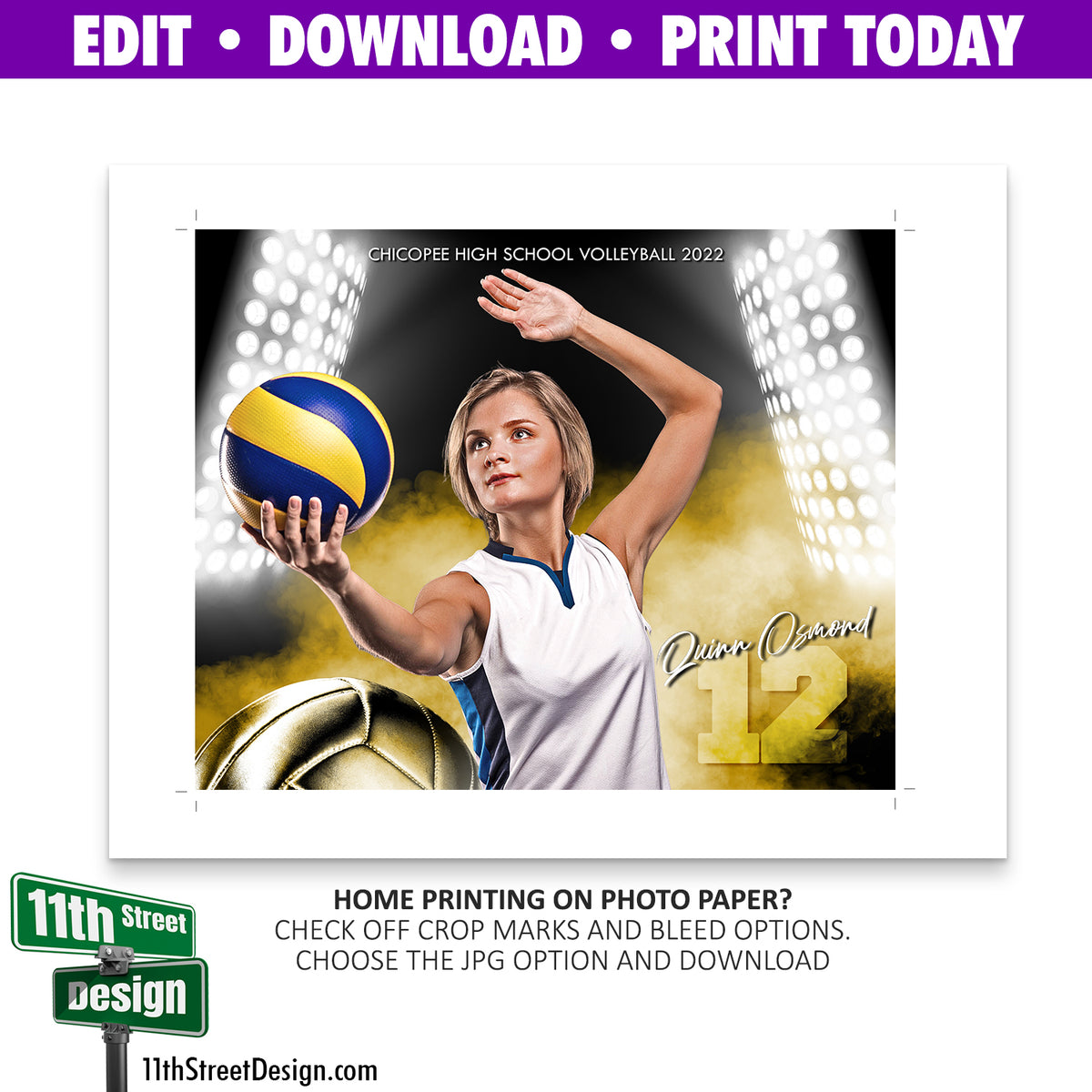 Sports Poster • Edit Now Online • Print Today • Digital Download • Custom Sports Photos • Senior Day Night Poster • Smokey Lights Volleyball Template