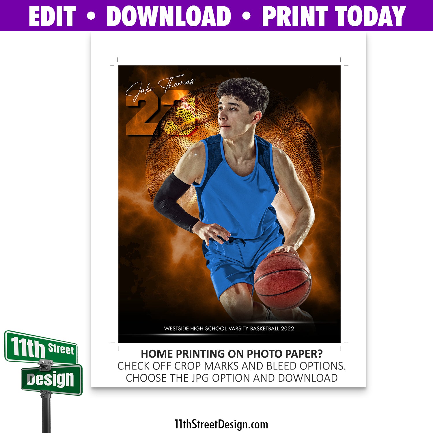 Sports Poster • Edit Now Online • Print Today • Digital Download • Custom Sports Photos • Senior Day Night Poster •Rocked Basketball Template