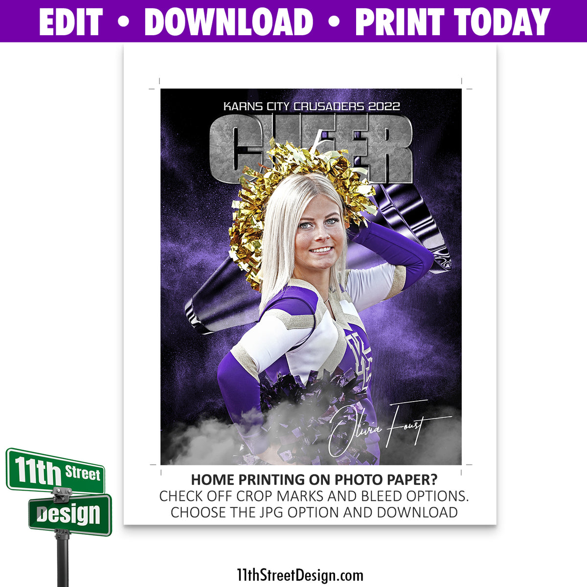 Sports Poster • Edit Now Online • Print Today • Digital Download • Custom Sports Photos • Senior Day Night Poster • Rocked Cheer Template