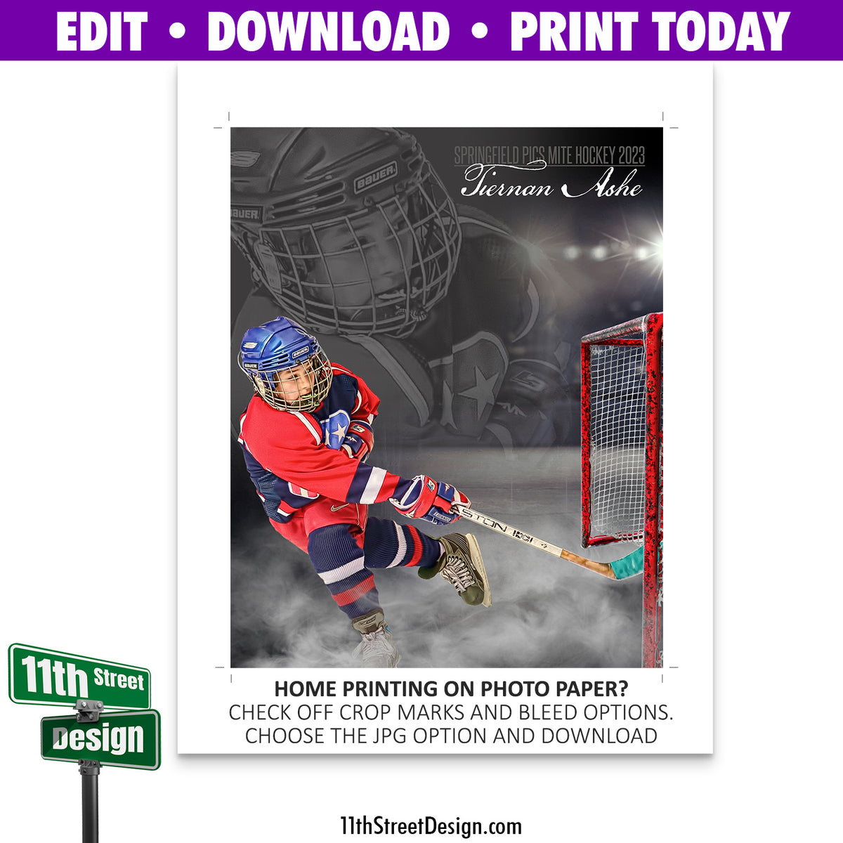 Sports Poster Dream Weaver Ice Hockey Template • Edit Now Online • Print Today • Digital Download • Custom Sports Photos • Senior Day Night Poster