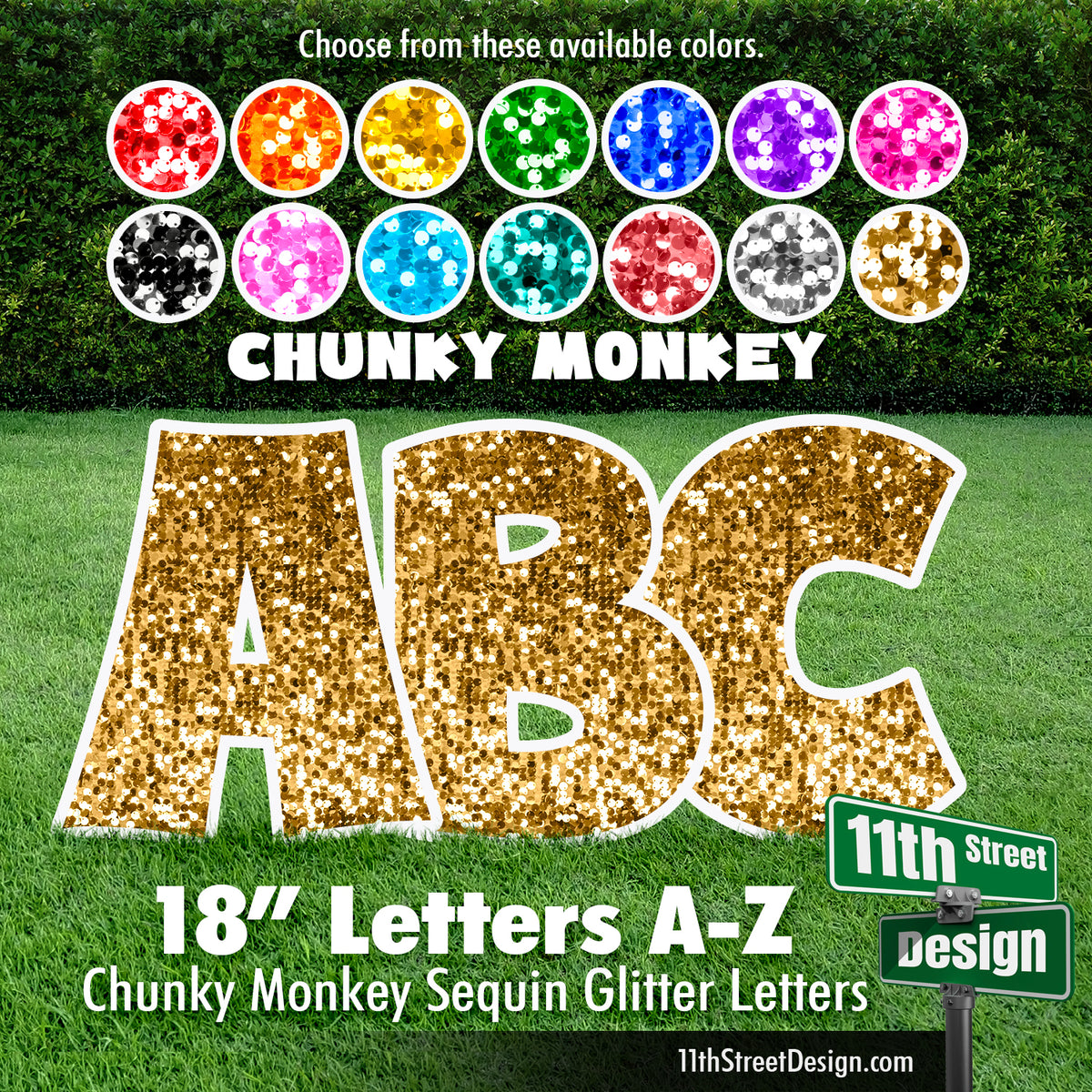 Sequin Glitter 18&quot; Chunky Monkey 26 Letter Alphabet Yard Card Set Includes Letters A-Z