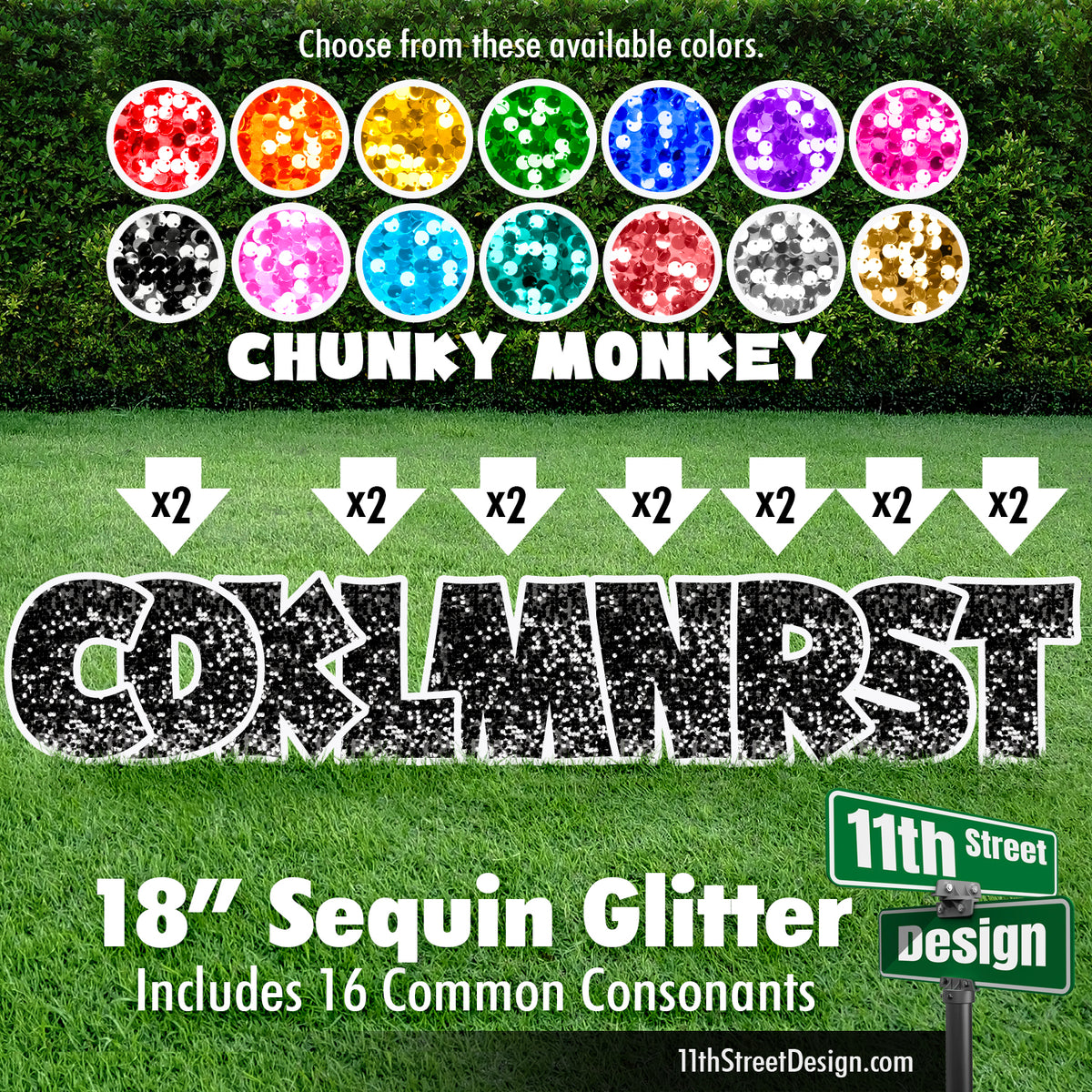 Sequin Glitter 18&quot; Chunky Monkey Yard Card Set Includes 16 Common Consonants