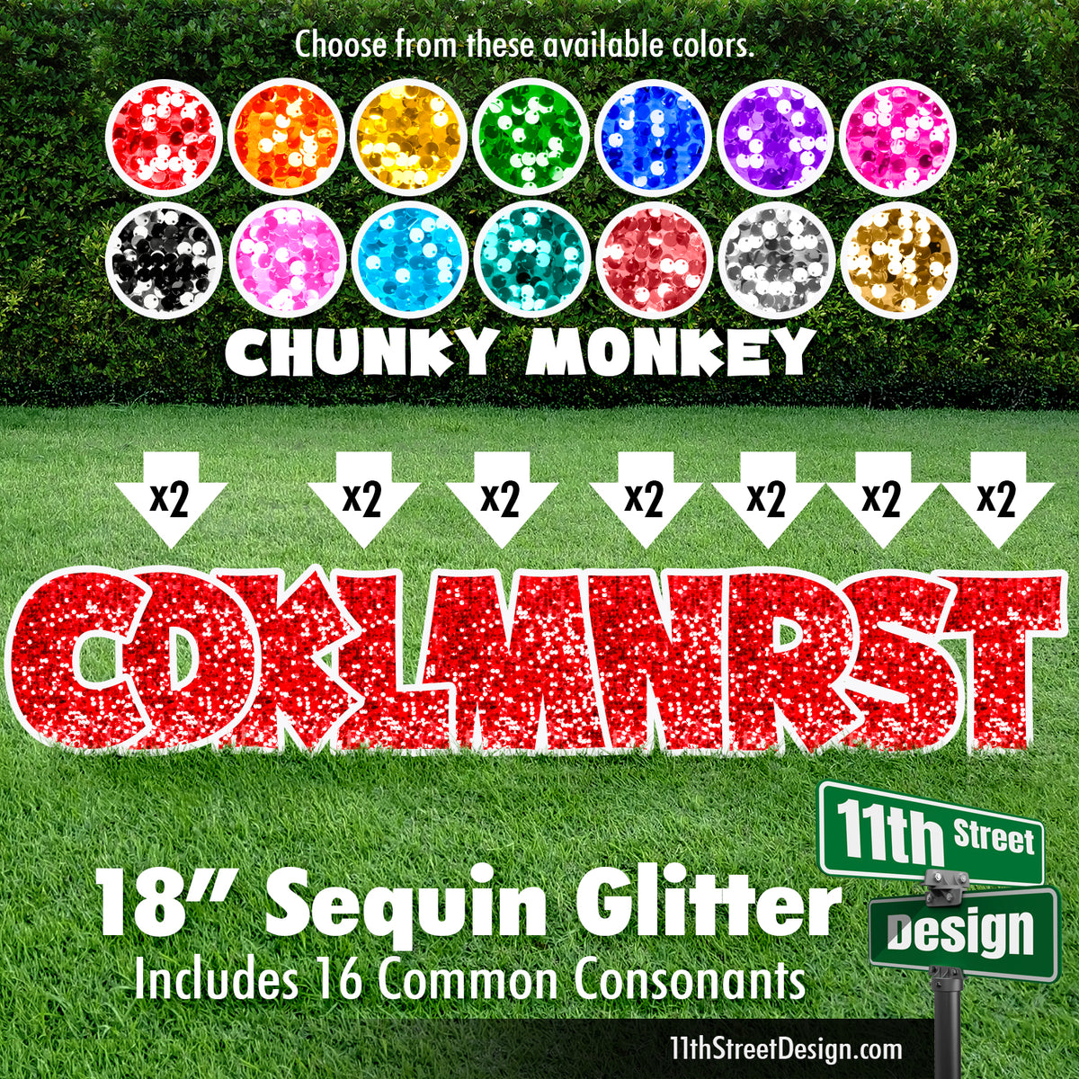Sequin Glitter 18&quot; Chunky Monkey Yard Card Set Includes 16 Common Consonants
