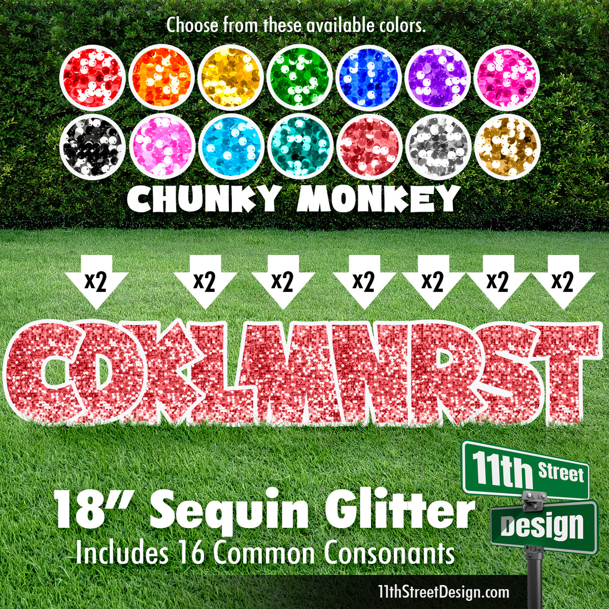Sequin Glitter 18&quot; Chunky Monkey Yard Card Set Includes 16 Common Consonants