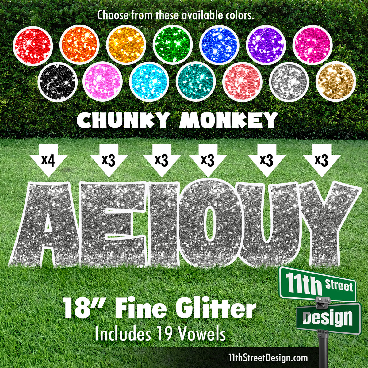 Fine Glitter 18&quot; Chunky Monkey Yard Card Set Includes 19 Vowels