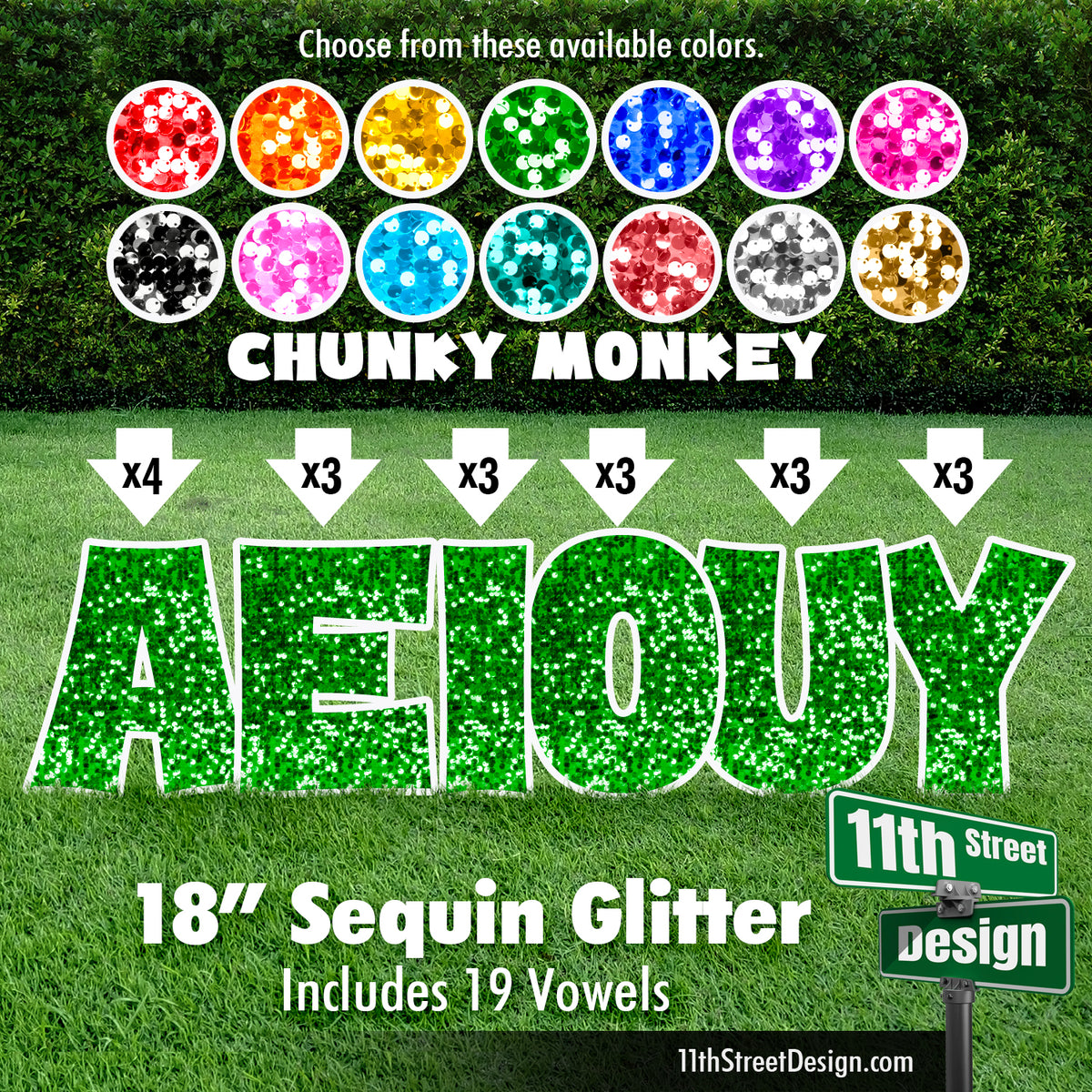 Sequin Glitter 18&quot; Chunky Monkey Yard Card Set Includes 19 Vowels