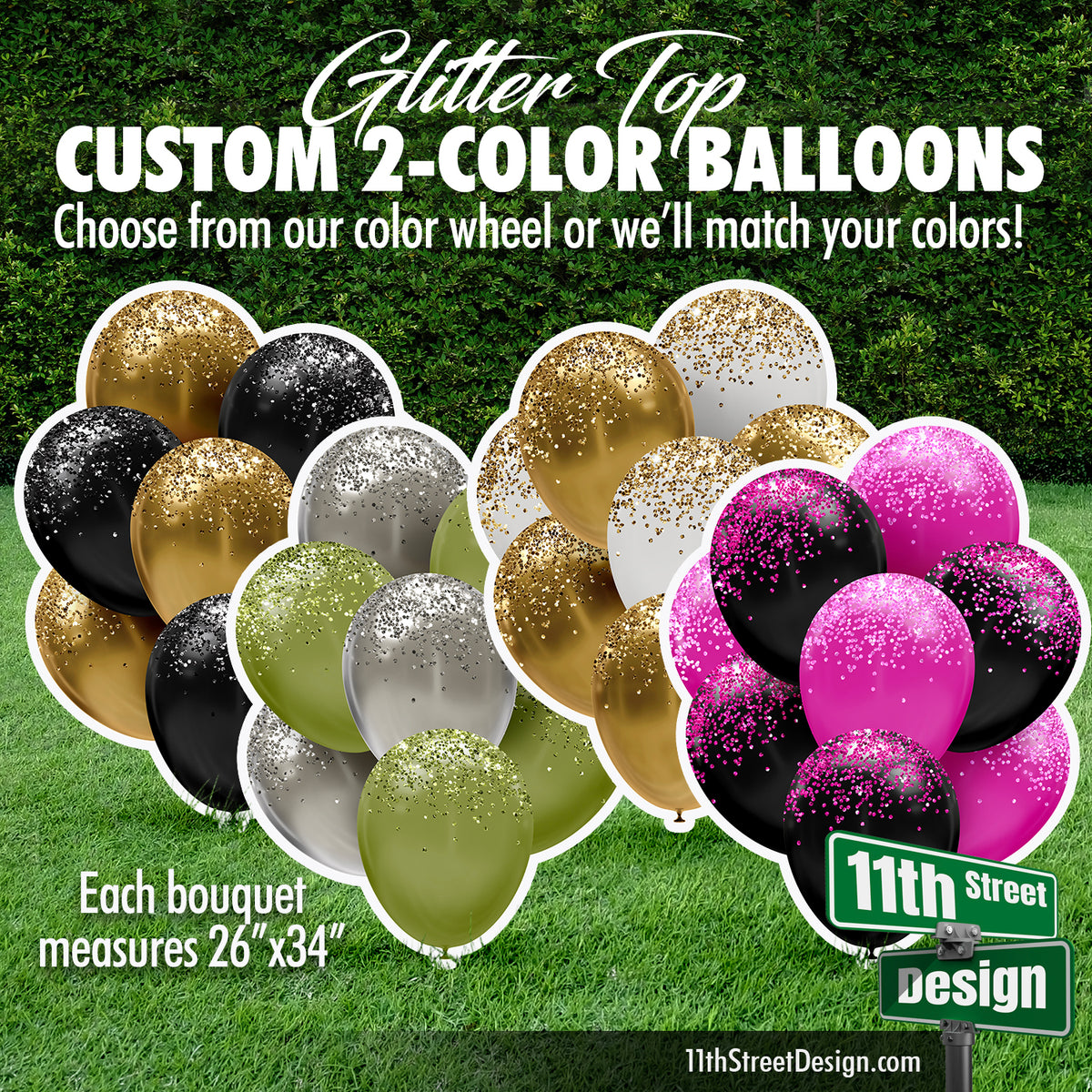Custom 2-Color Glitter Top Balloon Bouquet Set No Ribbons (choose your colors)