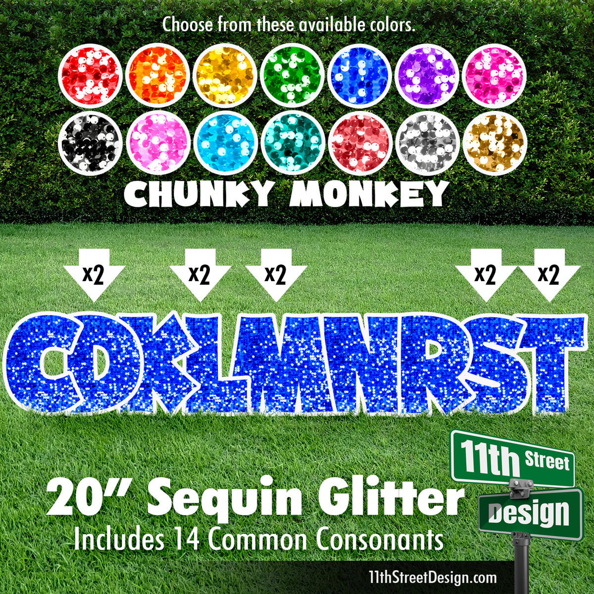Sequin Glitter 20&quot; Chunky Monkey Yard Card Set Includes 14 Common Consonants