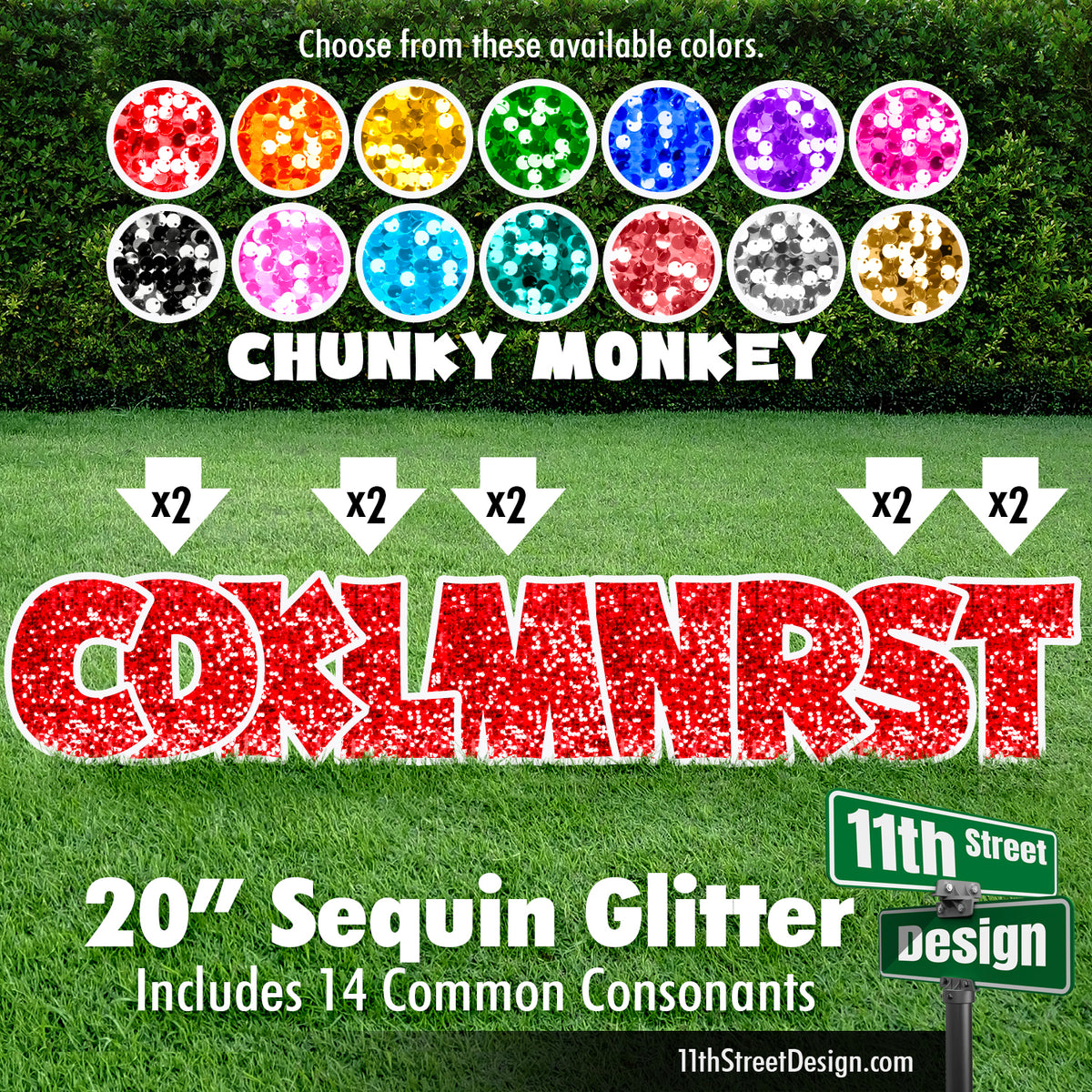 Sequin Glitter 20&quot; Chunky Monkey Yard Card Set Includes 14 Common Consonants
