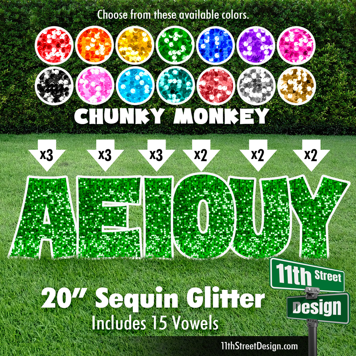 Sequin Glitter 20&quot; Chunky Monkey Yard Card Set Includes 15 Vowels