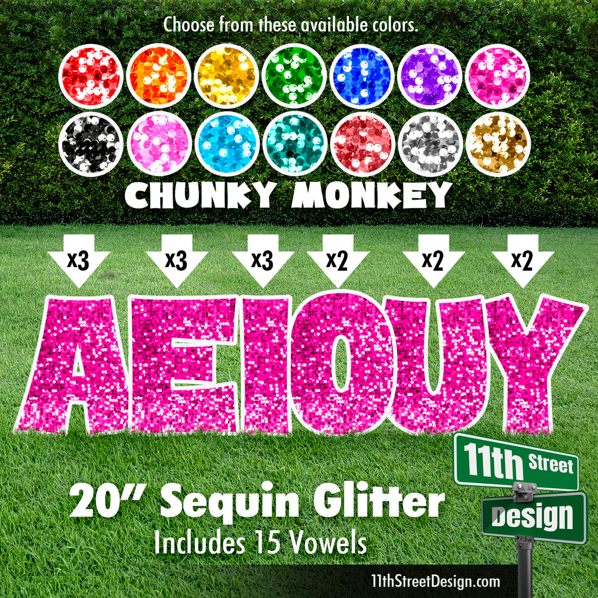 Sequin Glitter 20&quot; Chunky Monkey Yard Card Set Includes 15 Vowels