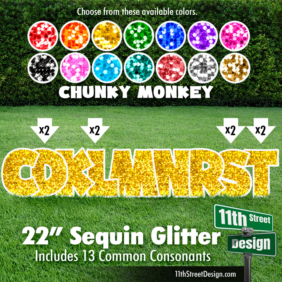 Sequin Glitter 22&quot; Chunky Monkey Yard Card Set Includes 13 Common Consonants