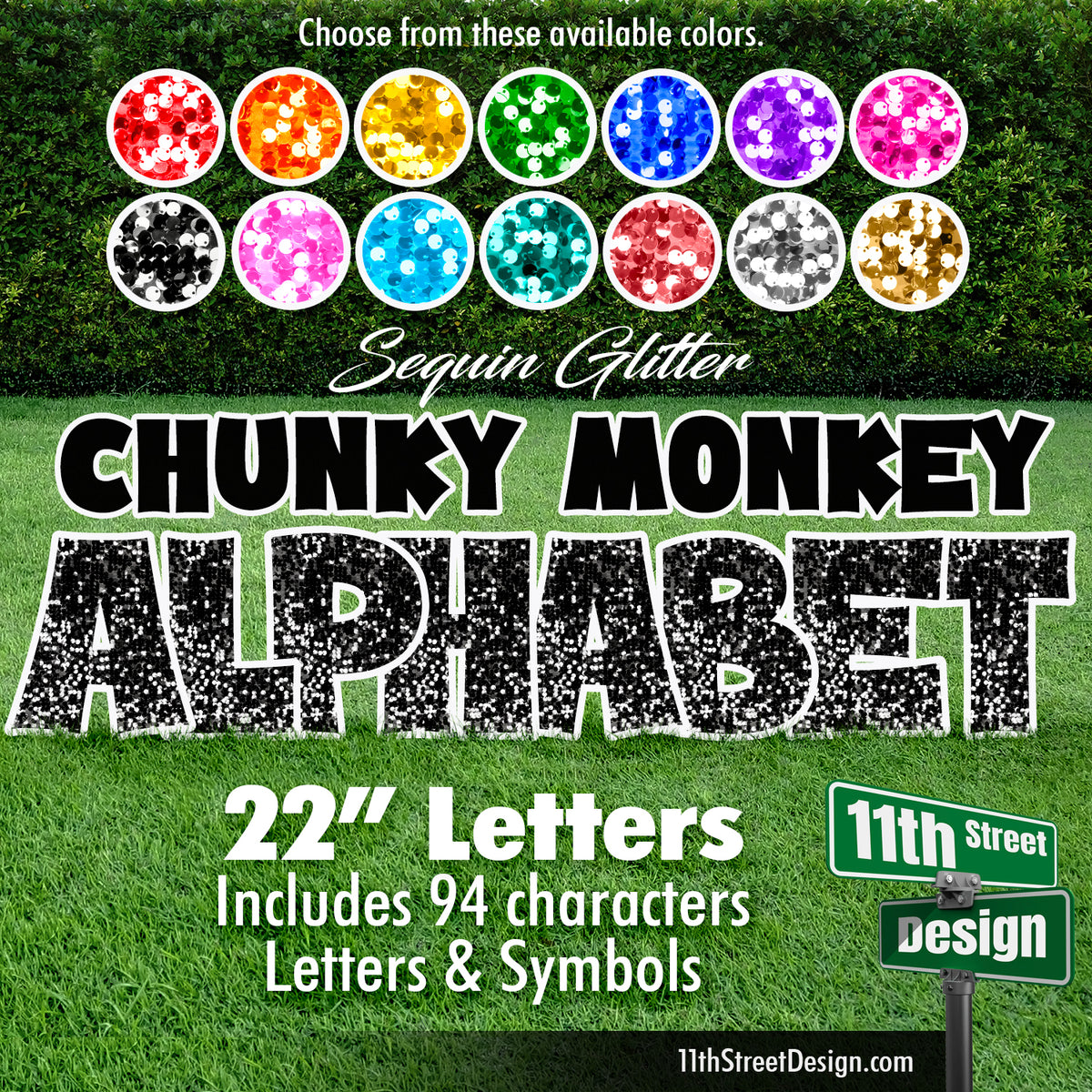 Sequin Glitter 22&quot; Chunky Monkey Full Alphabet Yard Card Set Includes Letters &amp; Symbols
