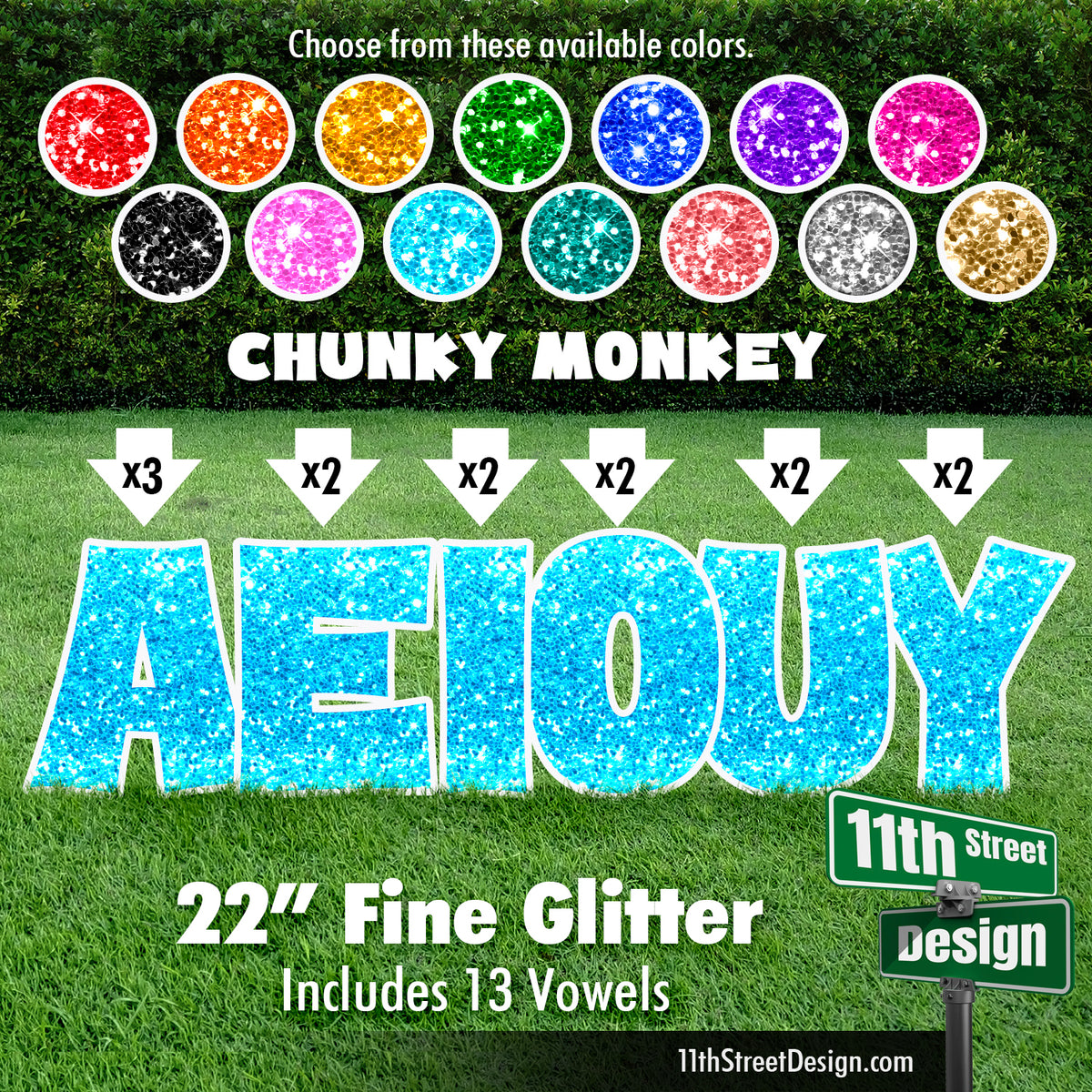 Fine Glitter 22&quot; Chunky Monkey Yard Card Set Includes 13 Vowels