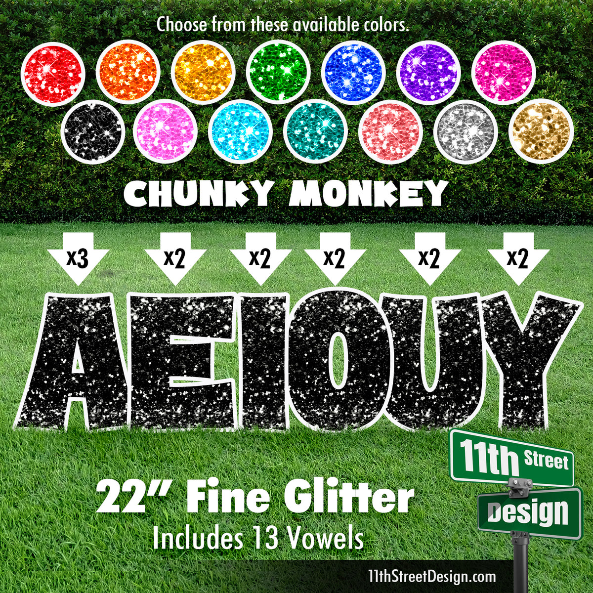 Fine Glitter 22&quot; Chunky Monkey Yard Card Set Includes 13 Vowels