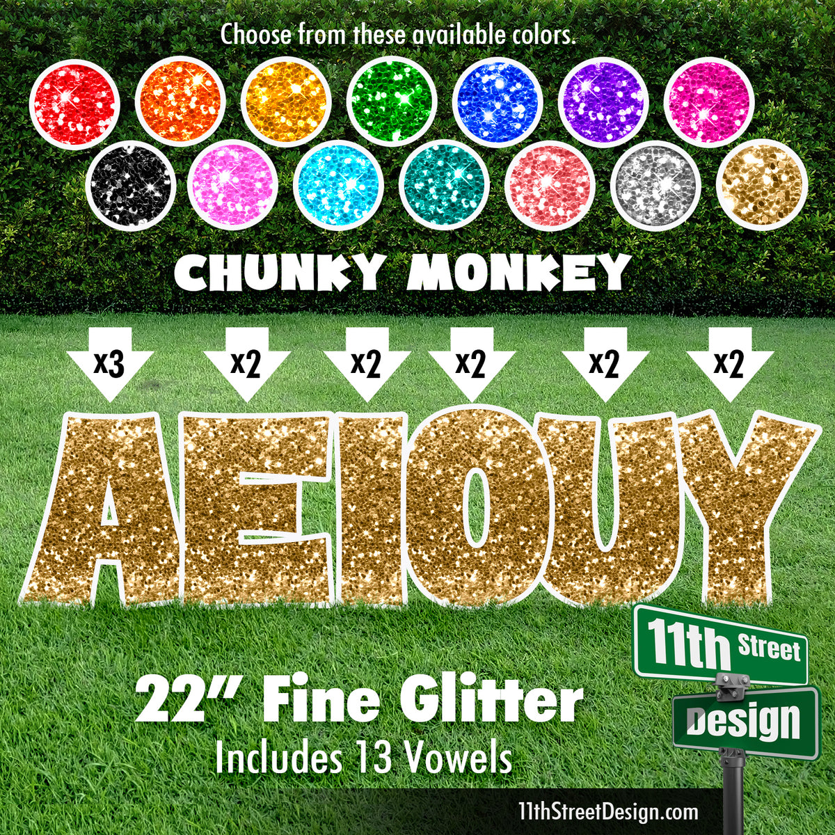 Fine Glitter 22&quot; Chunky Monkey Yard Card Set Includes 13 Vowels