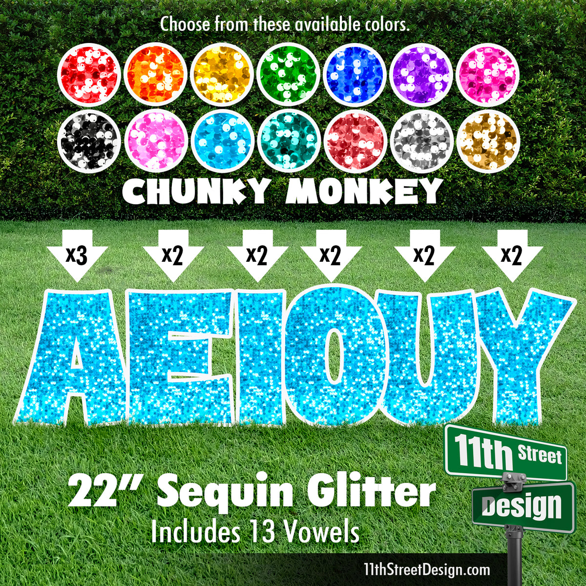 Sequin Glitter 22&quot; Chunky Monkey Yard Card Set Includes 13 Vowels